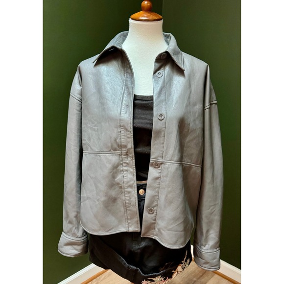 Babaton Faux Leather Shirt Jacket Button Down Collared Gray Shacket Women's - Picture 1 of 9